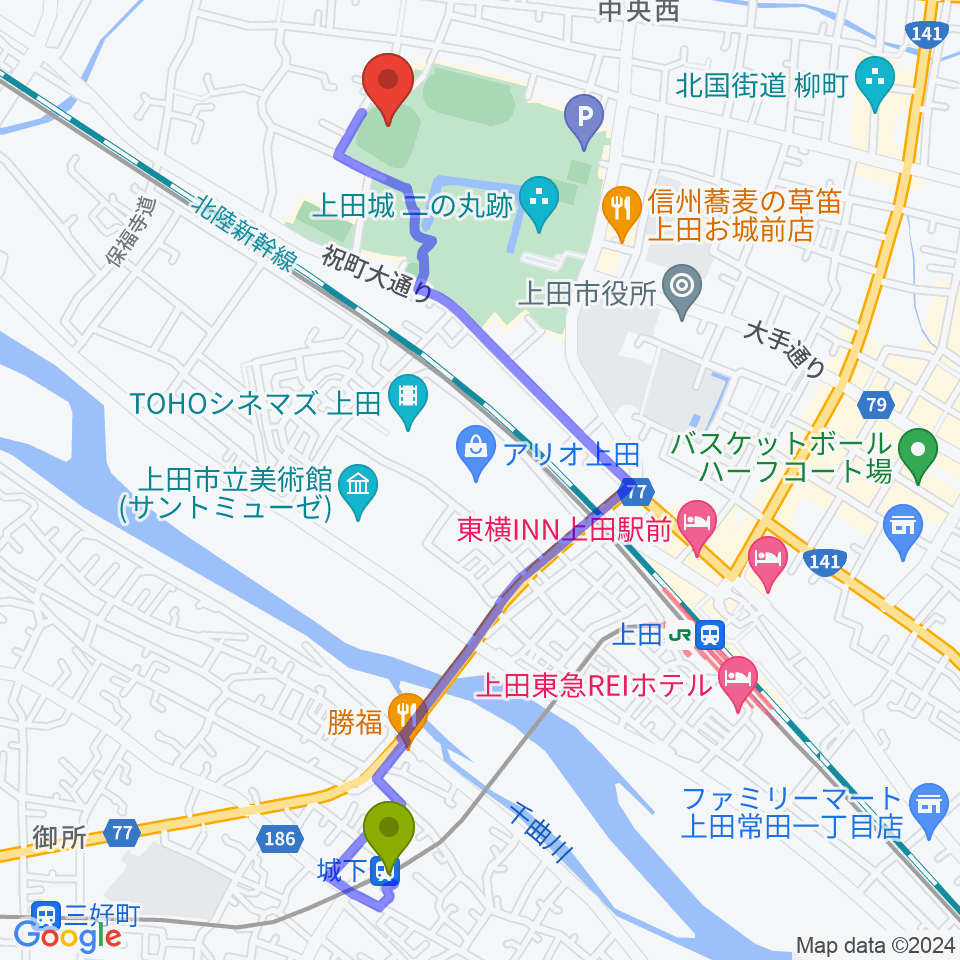城下駅から上田城跡公園野球場へのルートマップ地図