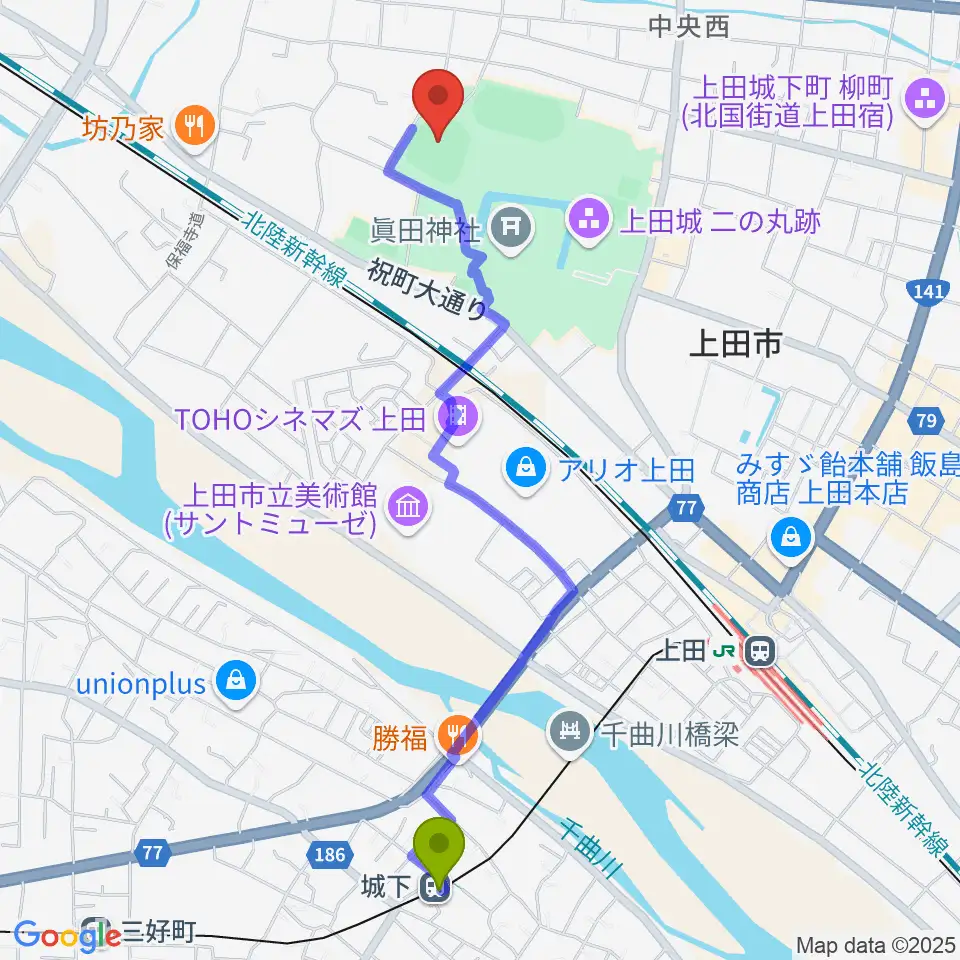 城下駅から上田城跡公園野球場へのルートマップ地図