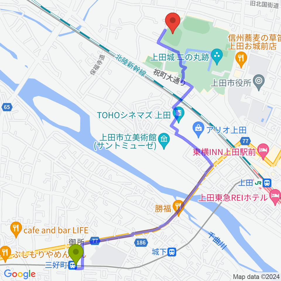 三好町駅から上田城跡公園野球場へのルートマップ地図