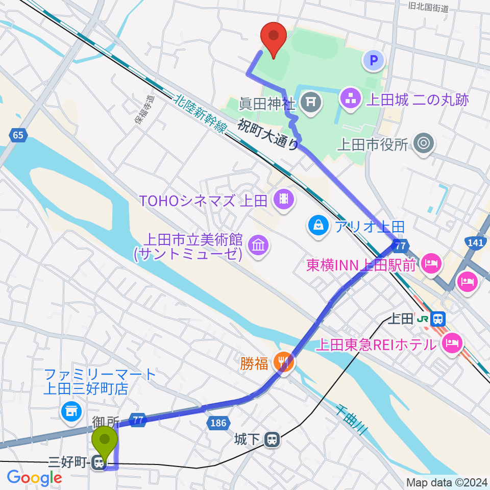 三好町駅から上田城跡公園野球場へのルートマップ地図