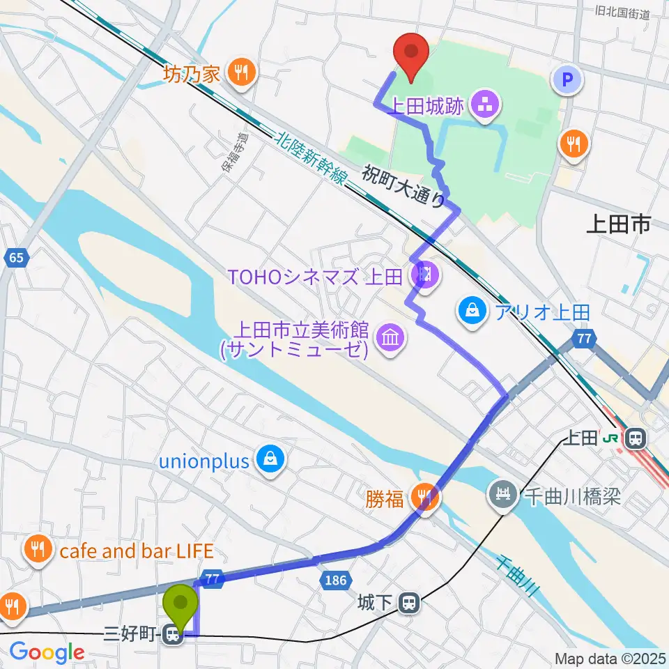 三好町駅から上田城跡公園野球場へのルートマップ地図