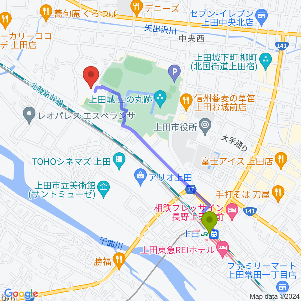 上田城跡公園体育館の最寄駅上田駅からの徒歩ルート（約19分）地図