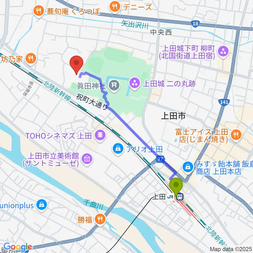 上田城跡公園体育館の最寄駅上田駅からの徒歩ルート（約19分）地図