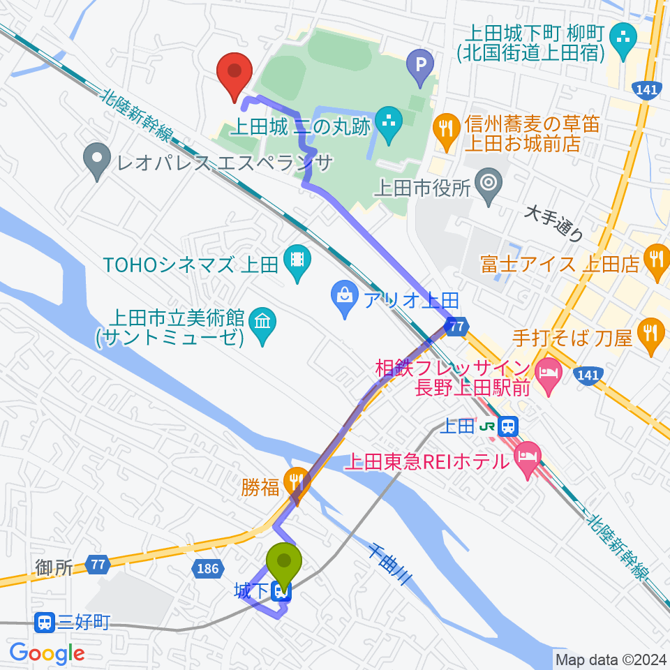 城下駅から上田城跡公園体育館へのルートマップ地図