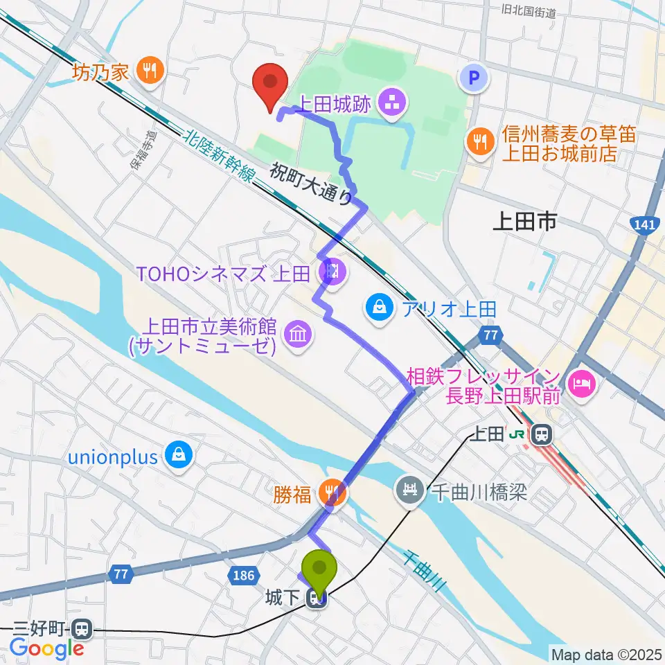 城下駅から上田城跡公園体育館へのルートマップ地図