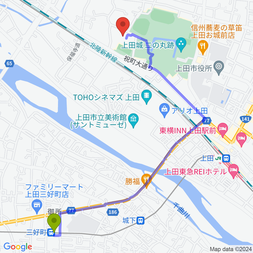 三好町駅から上田城跡公園体育館へのルートマップ地図