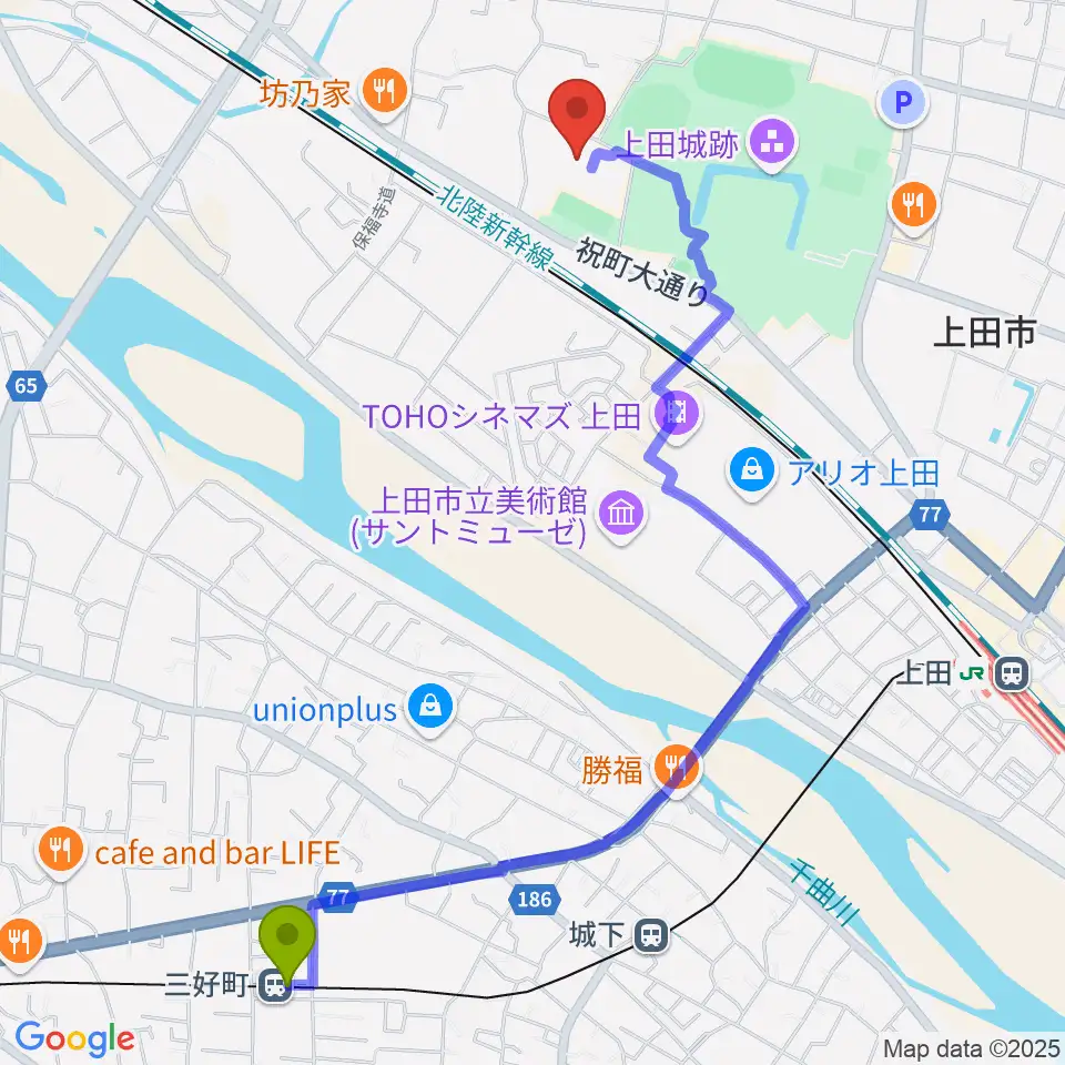 三好町駅から上田城跡公園体育館へのルートマップ地図