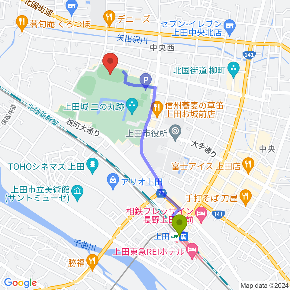上田城跡公園陸上競技場の最寄駅上田駅からの徒歩ルート（約19分）地図