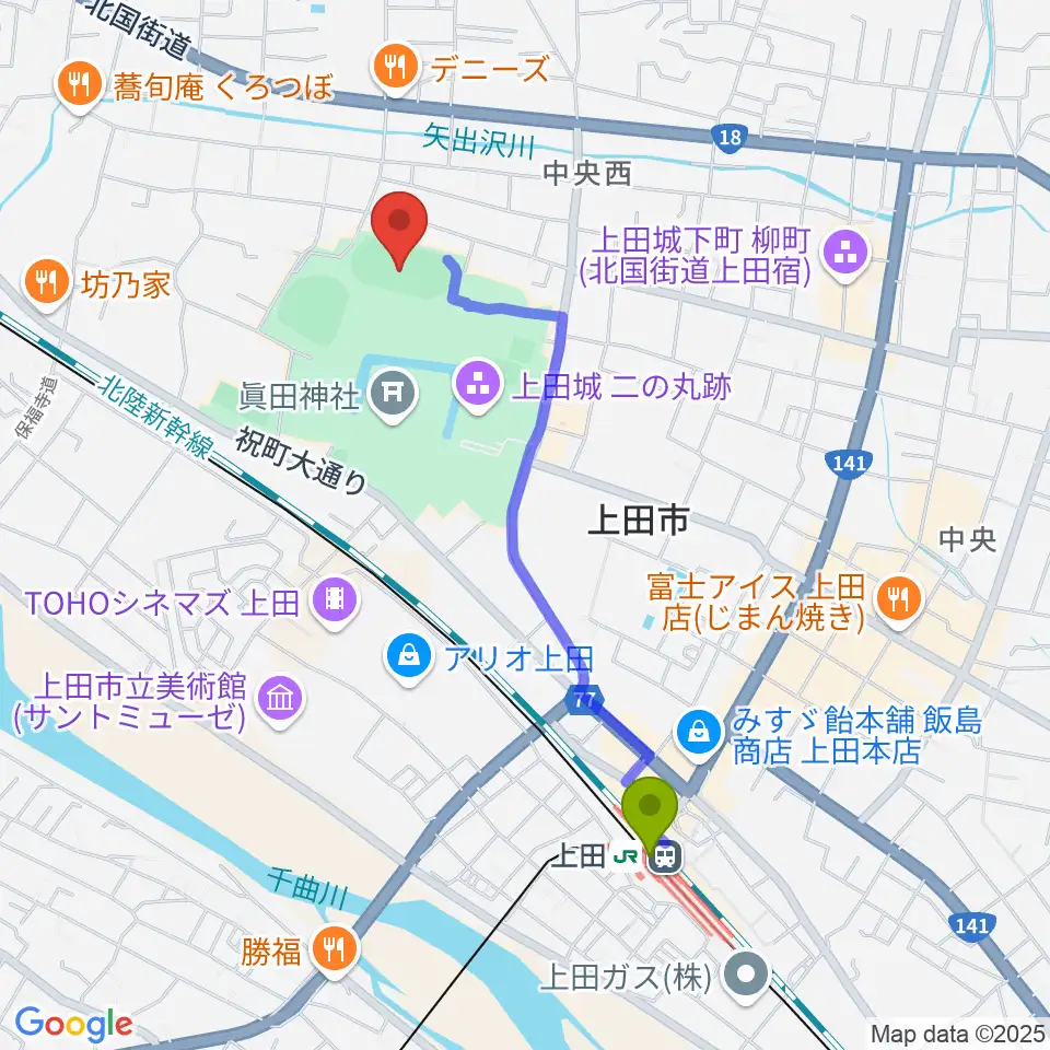 上田城跡公園陸上競技場の最寄駅上田駅からの徒歩ルート（約19分）地図