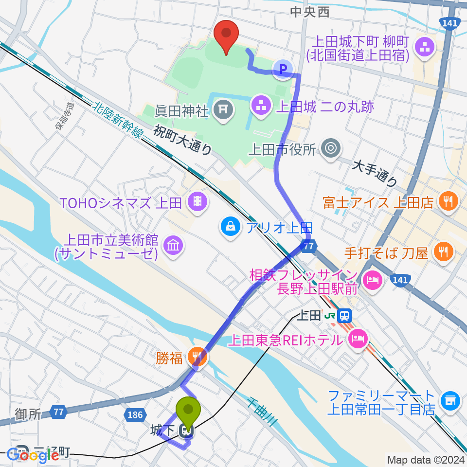 城下駅から上田城跡公園陸上競技場へのルートマップ地図