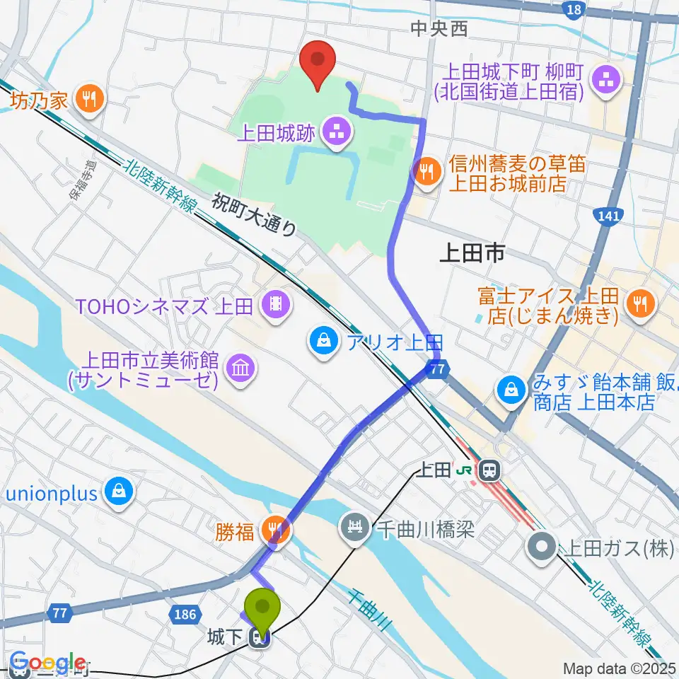 城下駅から上田城跡公園陸上競技場へのルートマップ地図