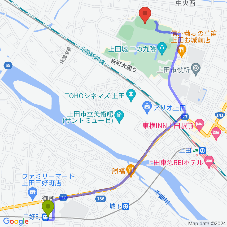 三好町駅から上田城跡公園陸上競技場へのルートマップ地図