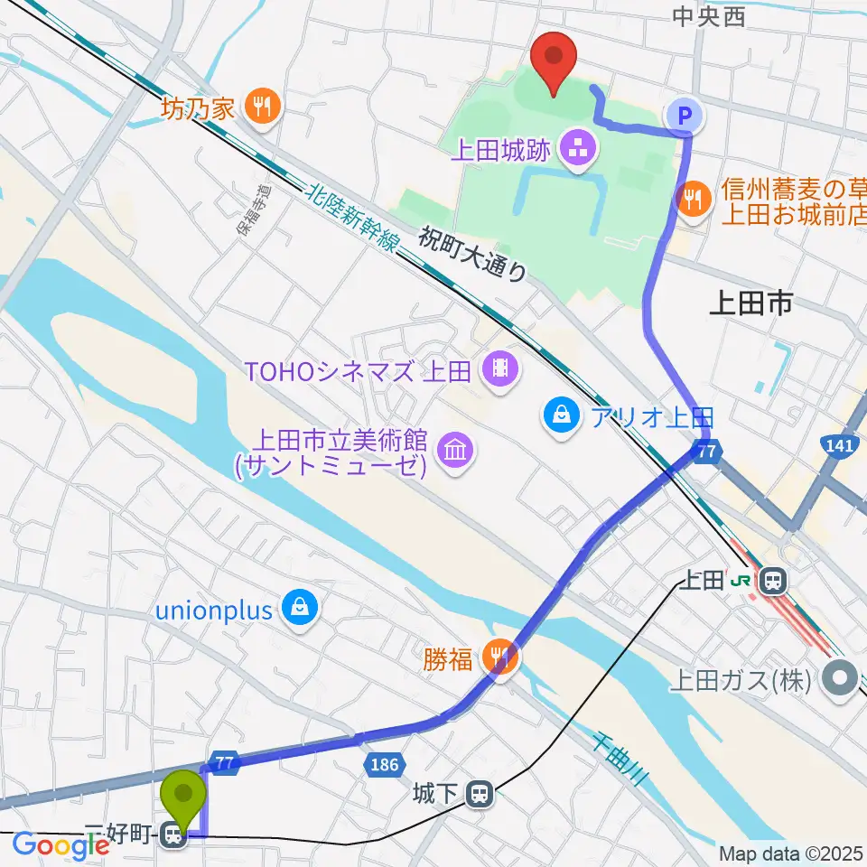 三好町駅から上田城跡公園陸上競技場へのルートマップ地図