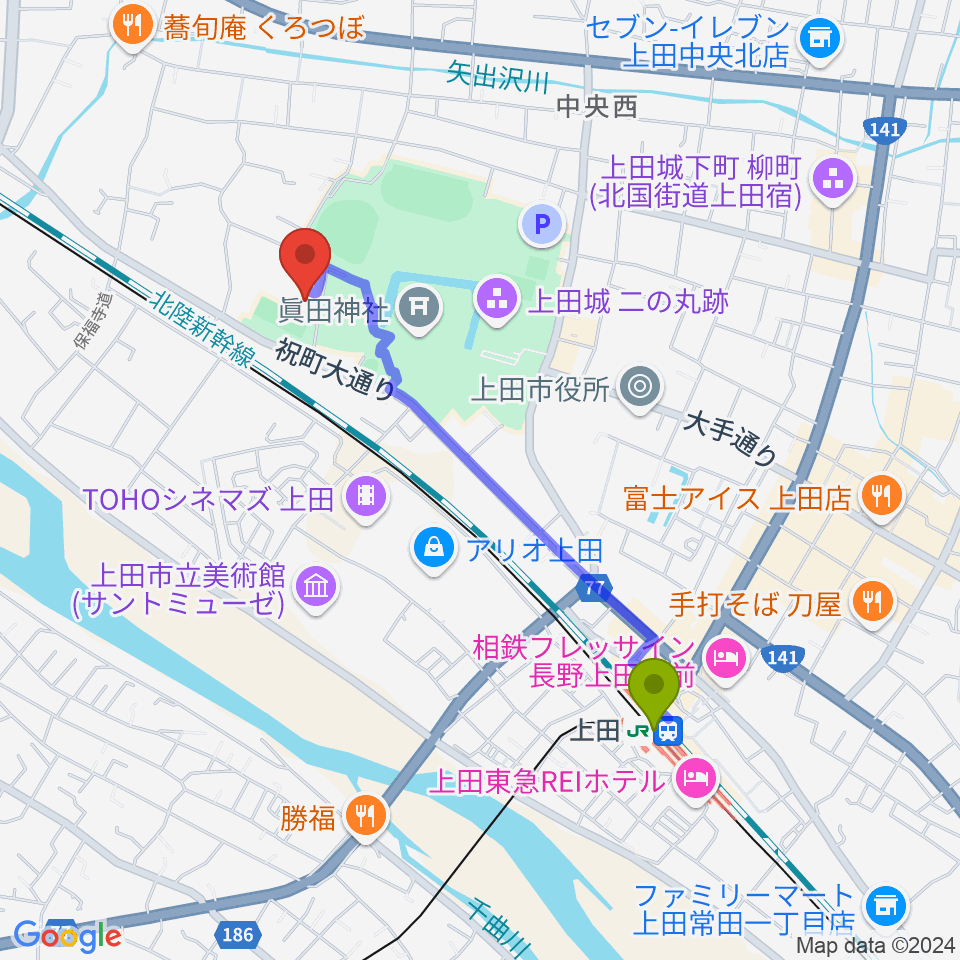 上田城跡公園第二体育館の最寄駅上田駅からの徒歩ルート（約18分）地図