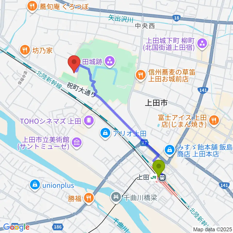 上田城跡公園第二体育館の最寄駅上田駅からの徒歩ルート（約18分）地図