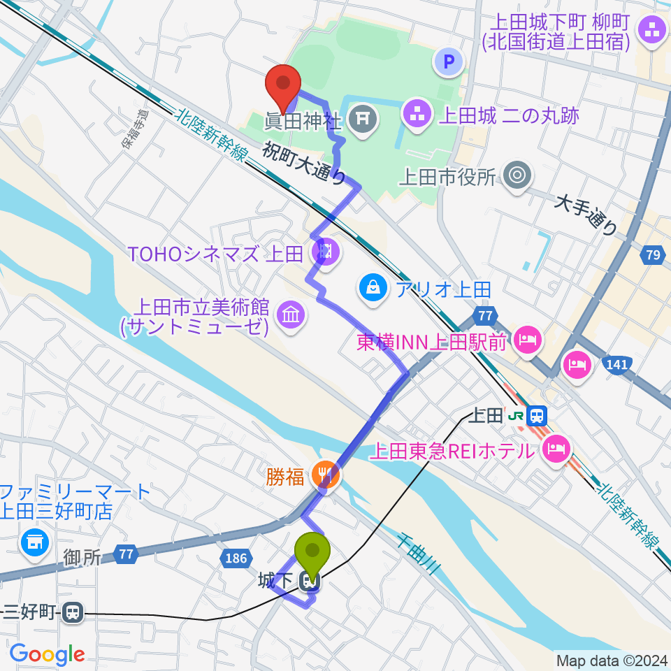 城下駅から上田城跡公園第二体育館へのルートマップ地図