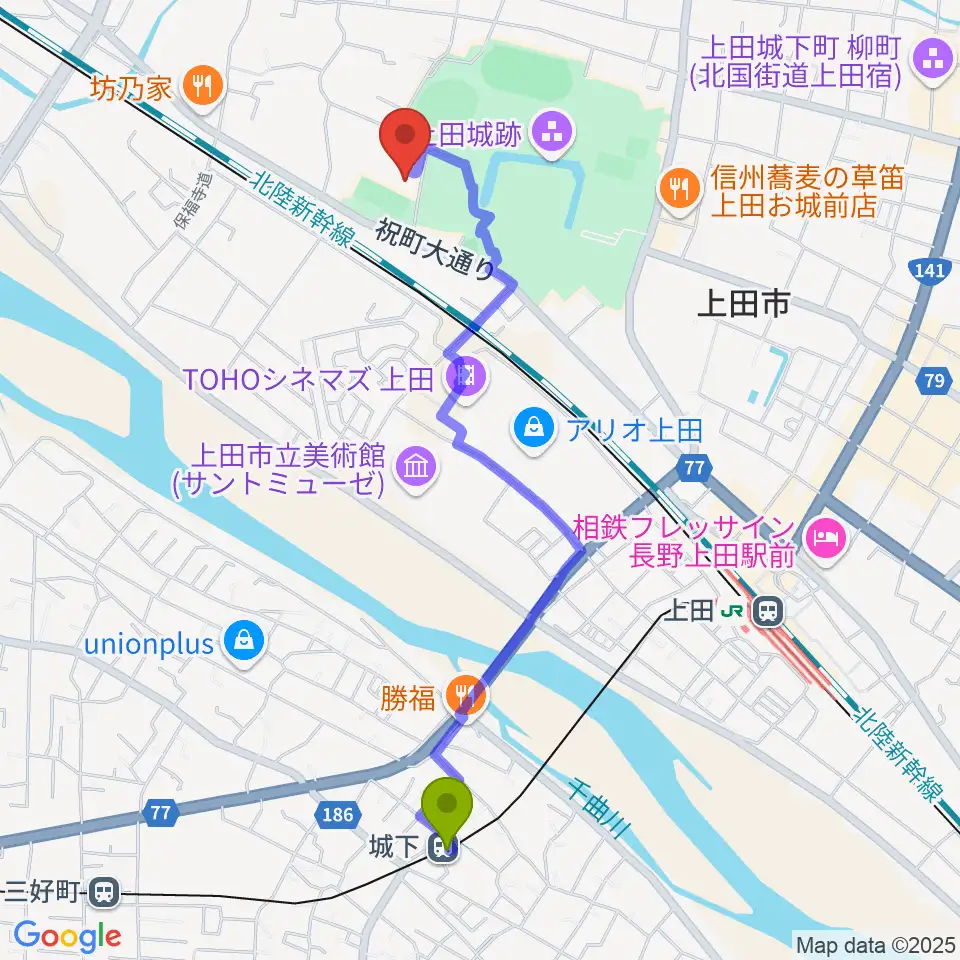 城下駅から上田城跡公園第二体育館へのルートマップ地図