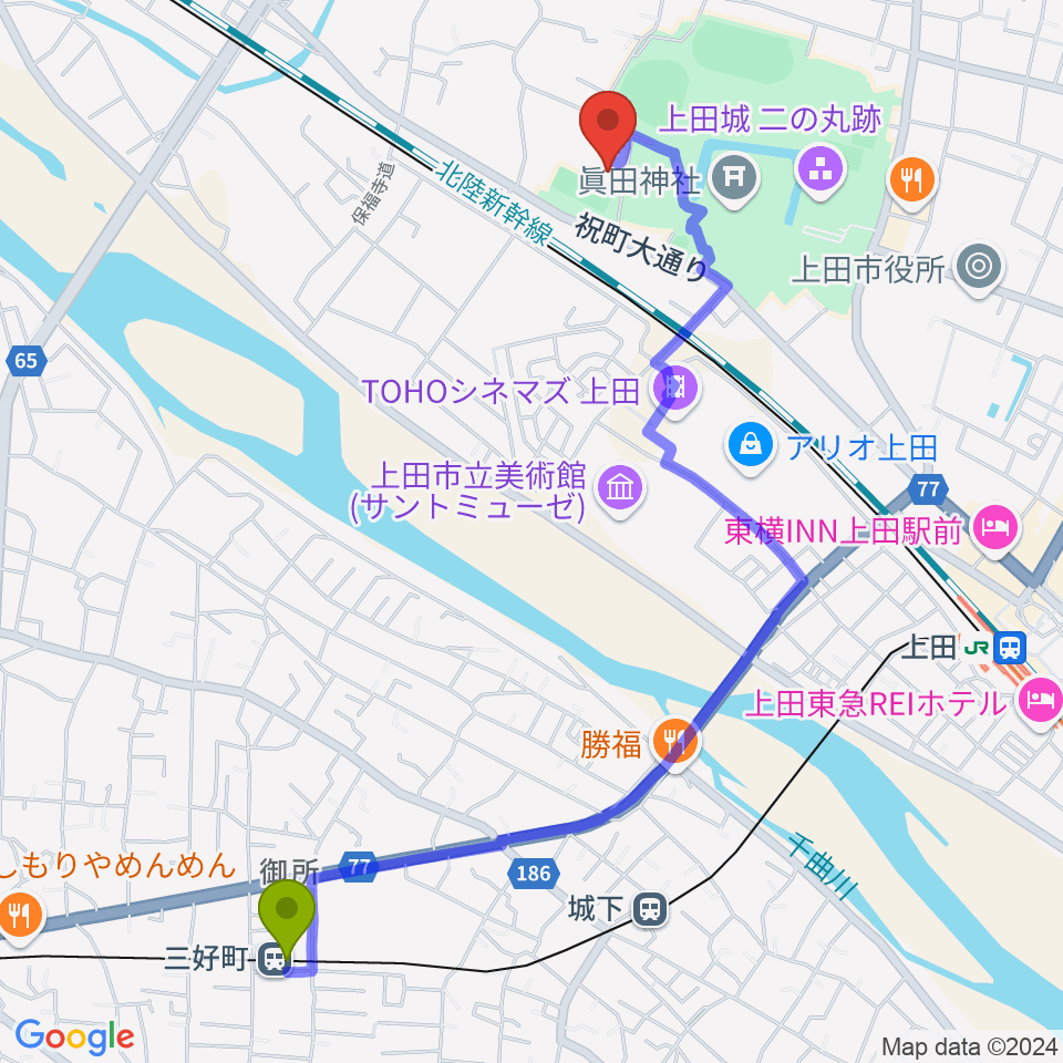 三好町駅から上田城跡公園第二体育館へのルートマップ地図