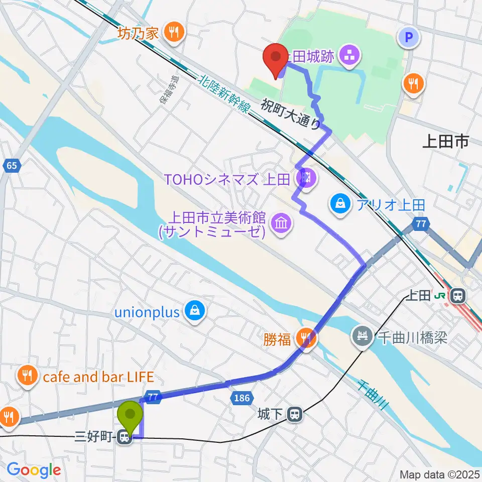 三好町駅から上田城跡公園第二体育館へのルートマップ地図