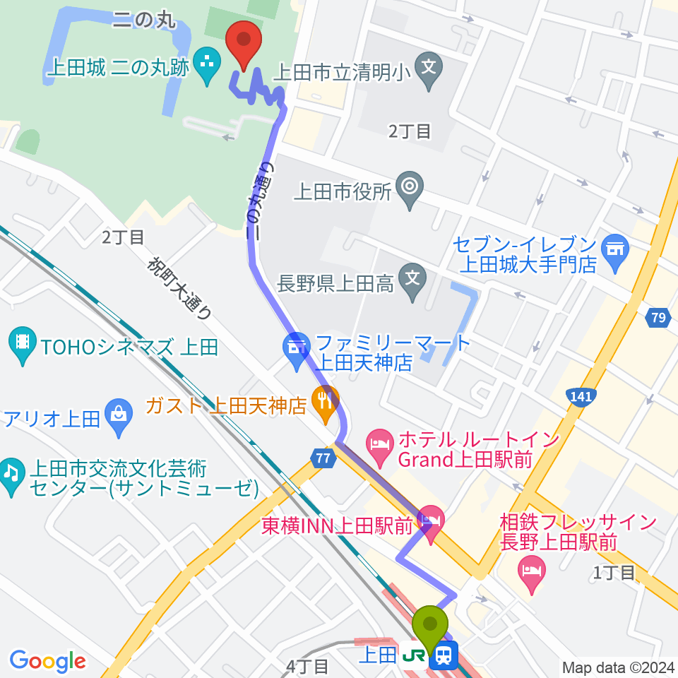 上田市立博物館の最寄駅上田駅からの徒歩ルート（約14分）地図