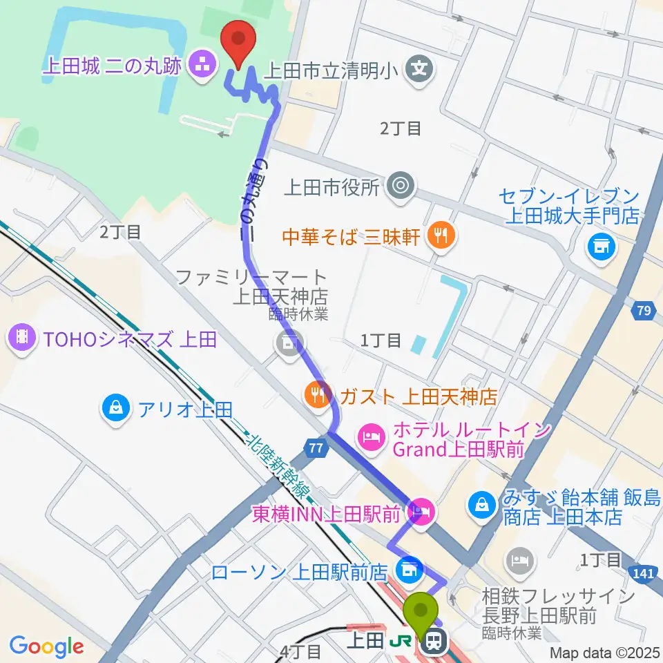 上田市立博物館の最寄駅上田駅からの徒歩ルート（約14分）地図