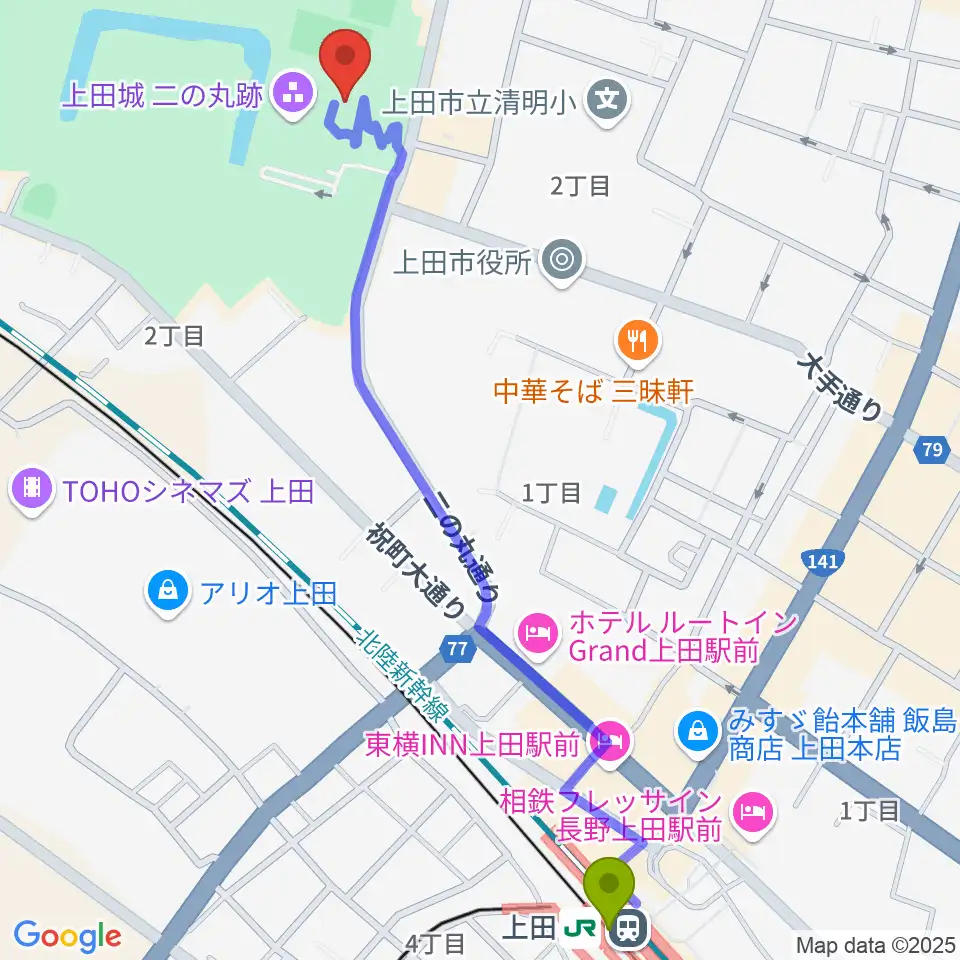 上田市立博物館の最寄駅上田駅からの徒歩ルート（約14分）地図