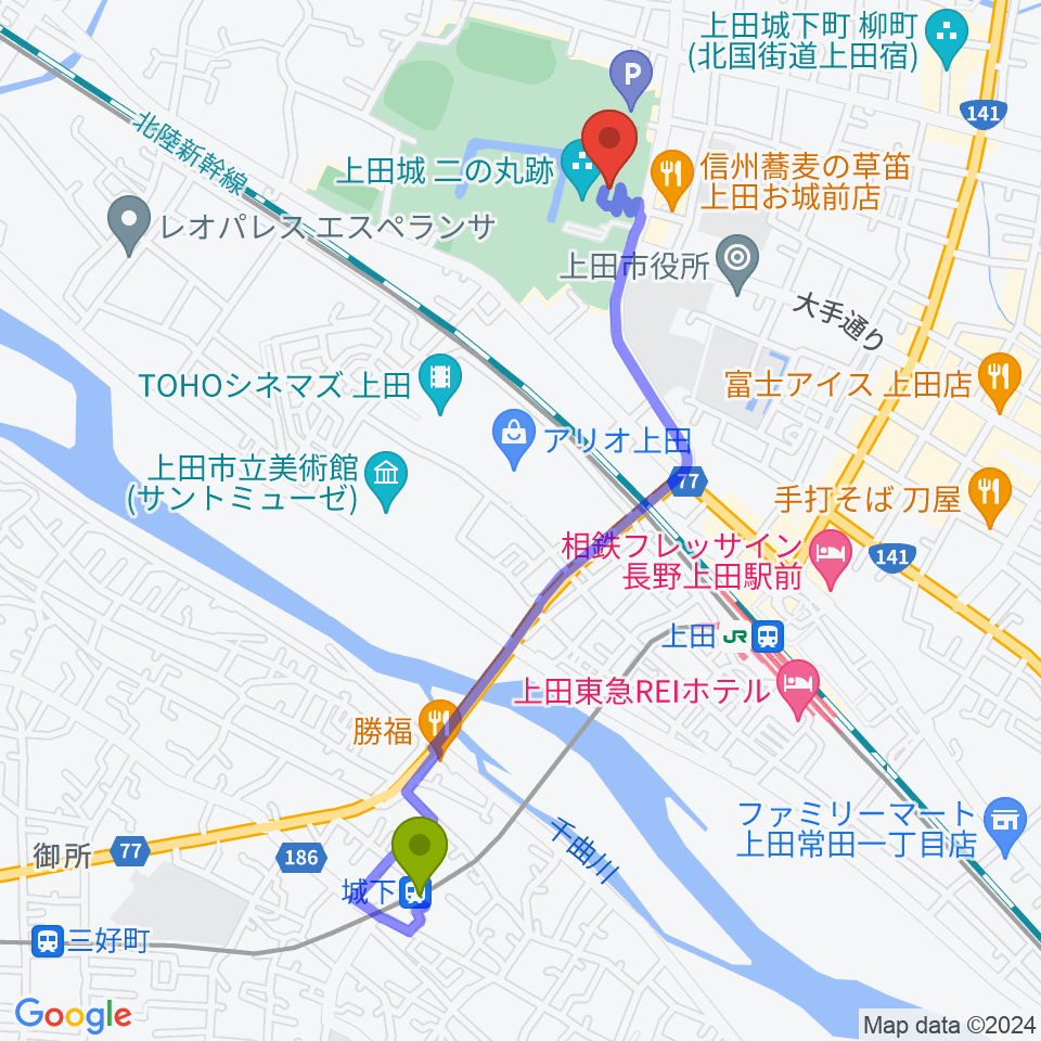 城下駅から上田市立博物館へのルートマップ地図