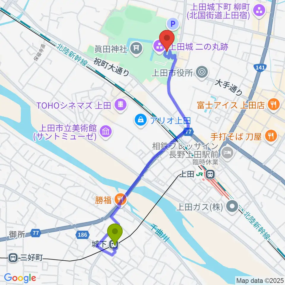 城下駅から上田市立博物館へのルートマップ地図