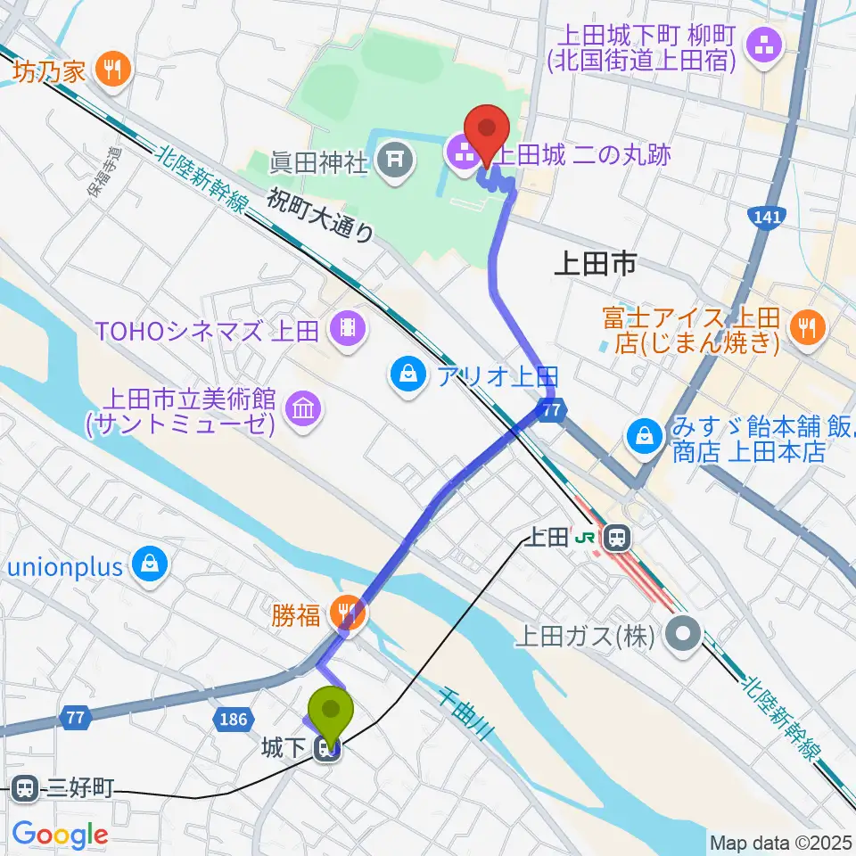 城下駅から上田市立博物館へのルートマップ地図