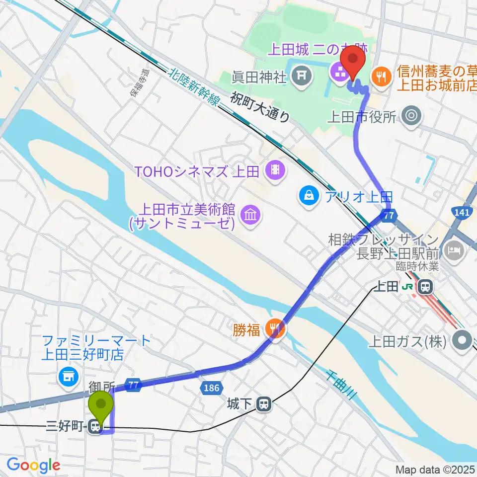 三好町駅から上田市立博物館へのルートマップ地図