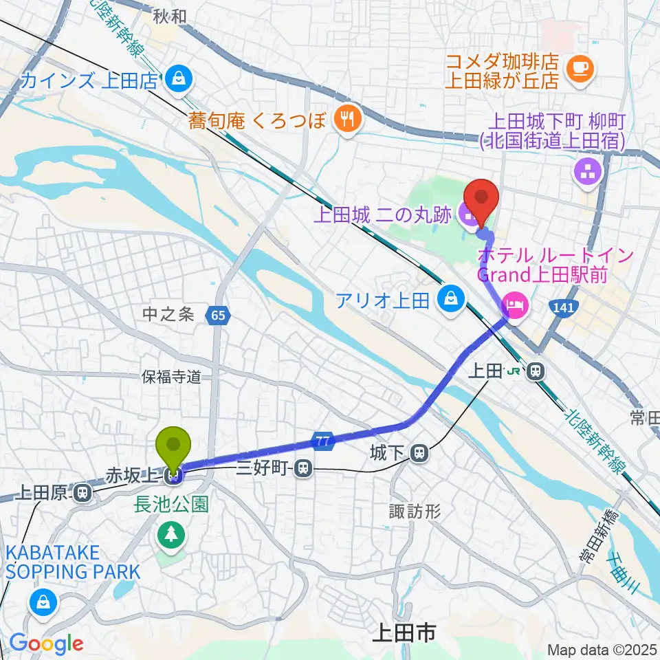 赤坂上駅から上田市立博物館へのルートマップ地図