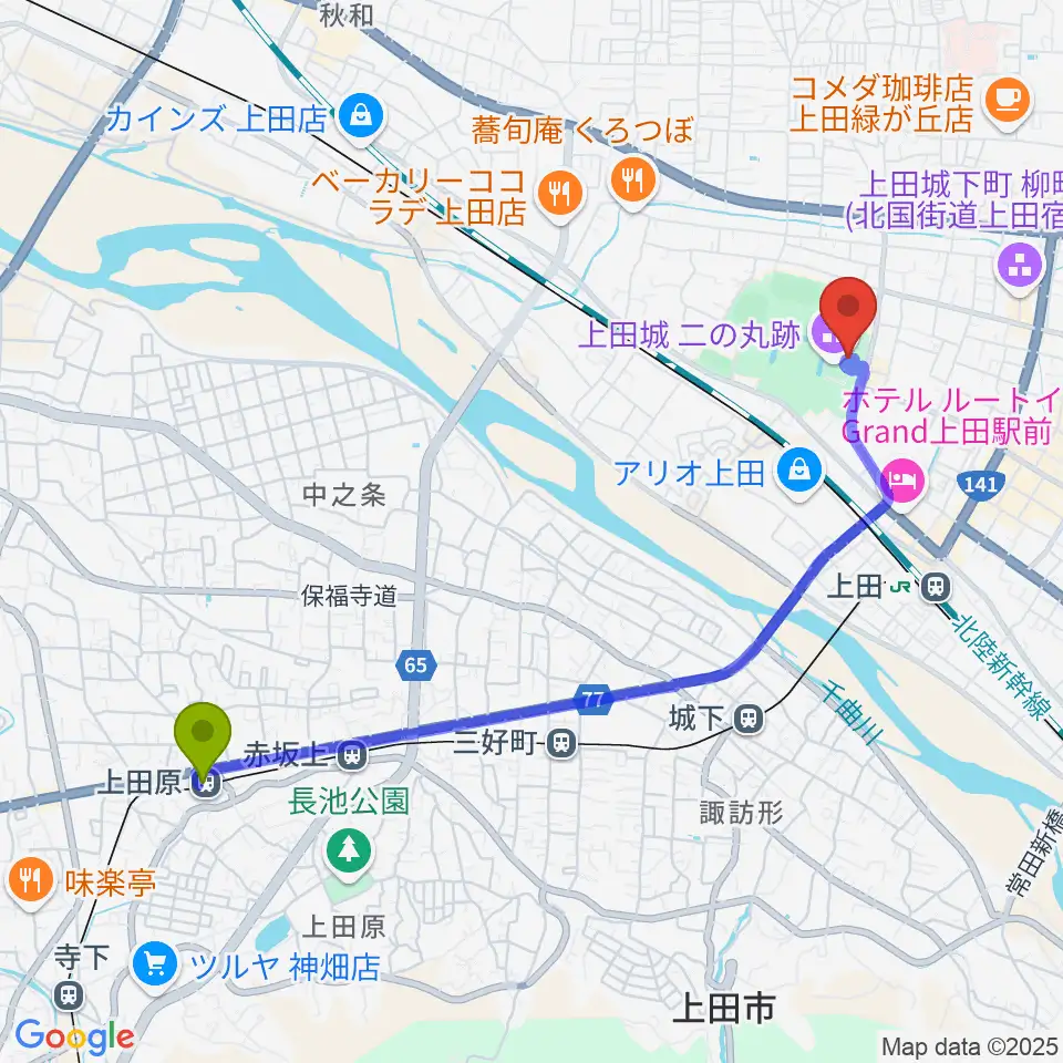 上田原駅から上田市立博物館へのルートマップ地図
