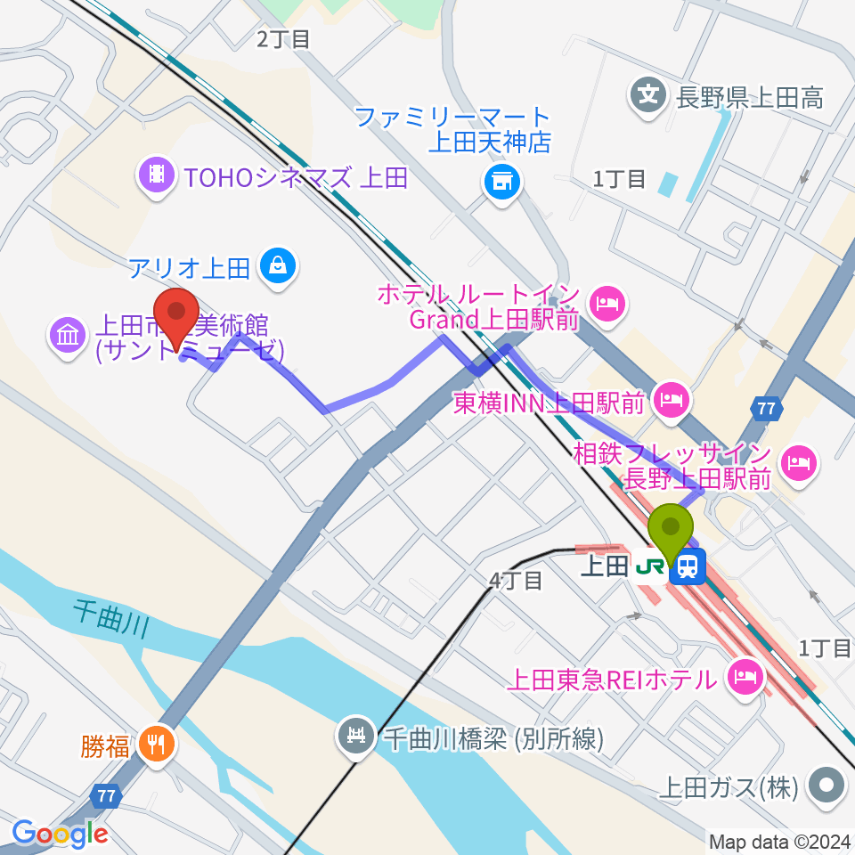 サントミューゼ 上田市立美術館の最寄駅上田駅からの徒歩ルート（約10分）地図