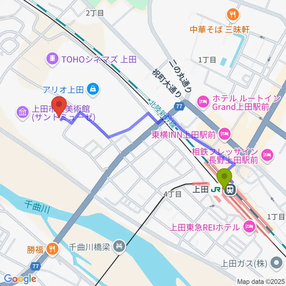 サントミューゼ 上田市立美術館の最寄駅上田駅からの徒歩ルート（約10分）地図