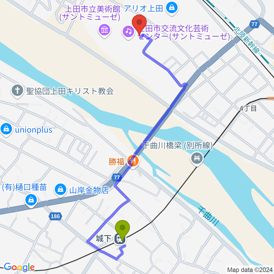 城下駅からサントミューゼ 上田市立美術館へのルートマップ地図