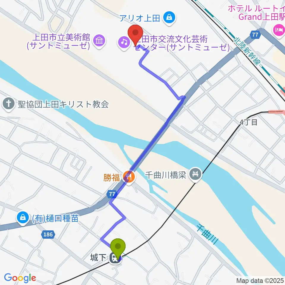 城下駅からサントミューゼ 上田市立美術館へのルートマップ地図