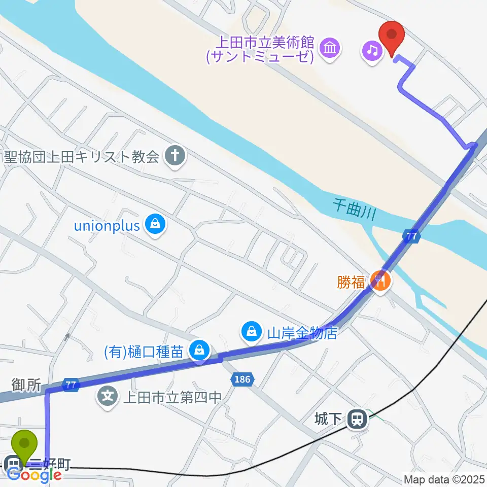 三好町駅からサントミューゼ 上田市立美術館へのルートマップ地図