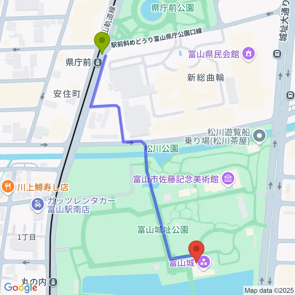 県庁前駅から富山市郷土博物館へのルートマップ地図