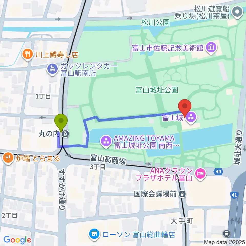 丸の内駅から富山市郷土博物館へのルートマップ地図