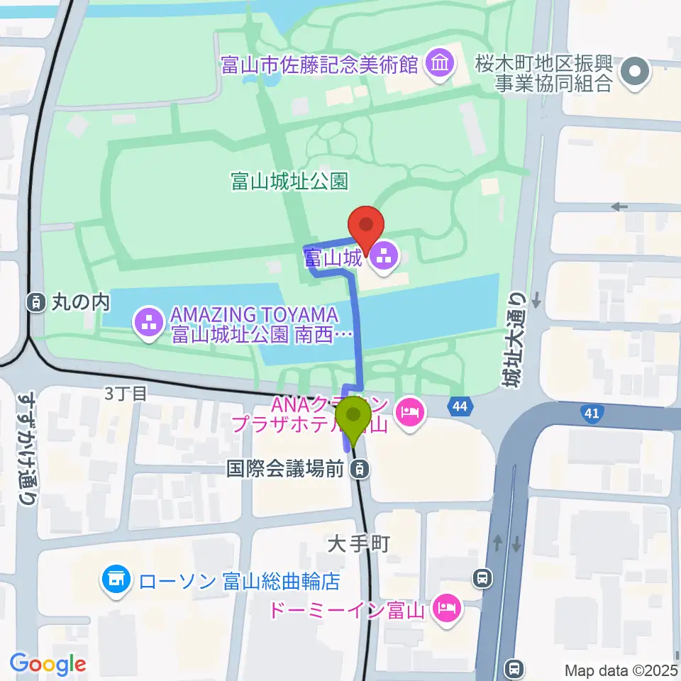 富山市郷土博物館の最寄駅国際会議場前駅からの徒歩ルート（約2分）地図