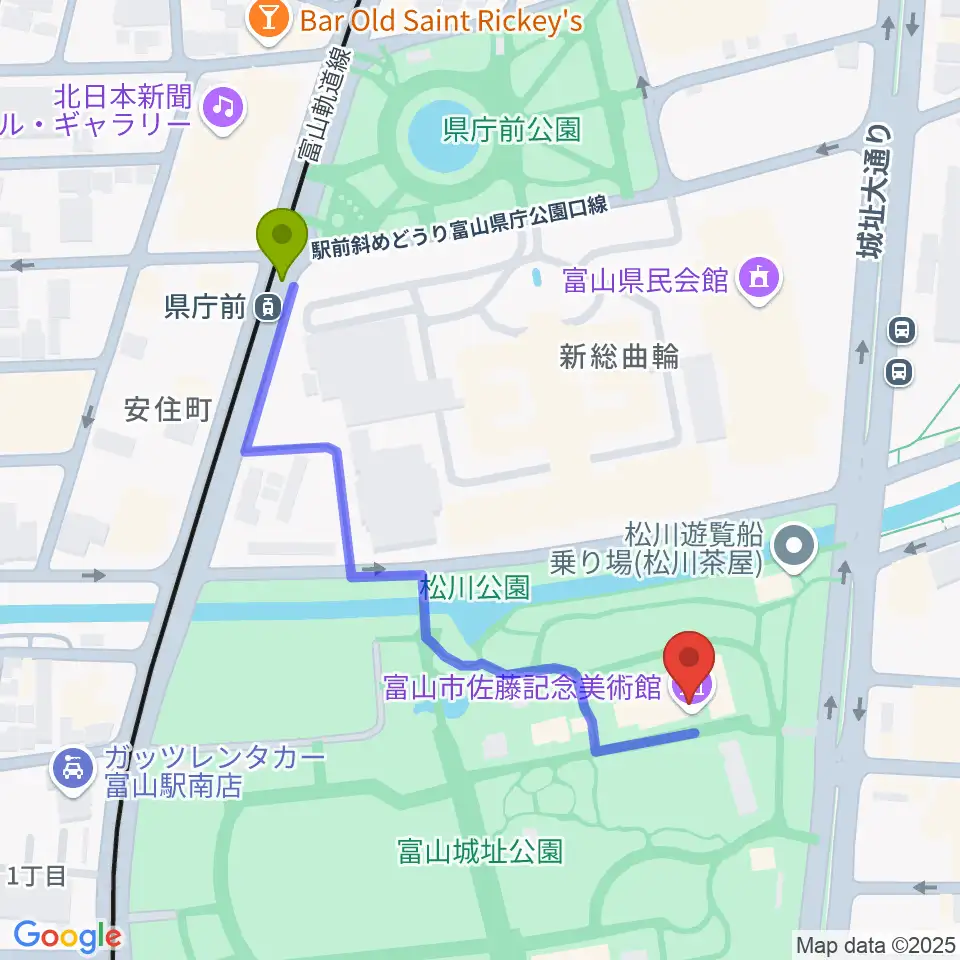 県庁前駅から富山市佐藤記念美術館へのルートマップ地図