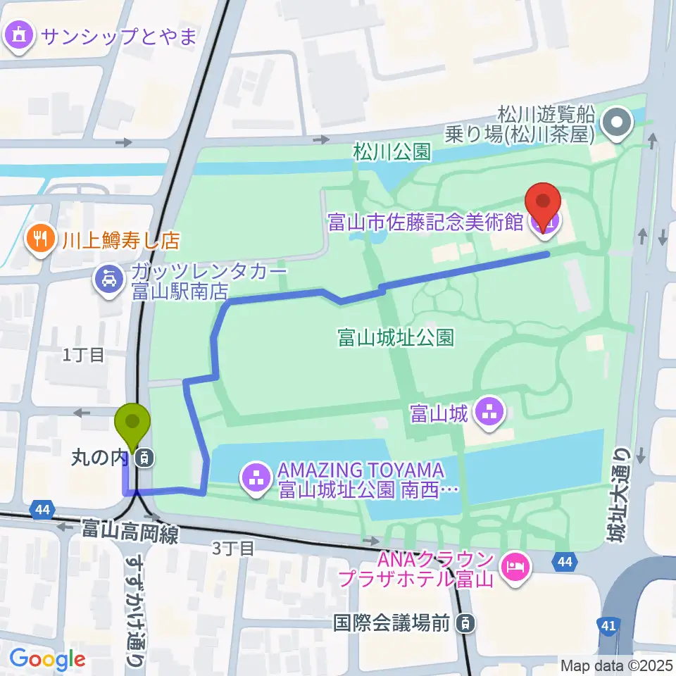 丸の内駅から富山市佐藤記念美術館へのルートマップ地図