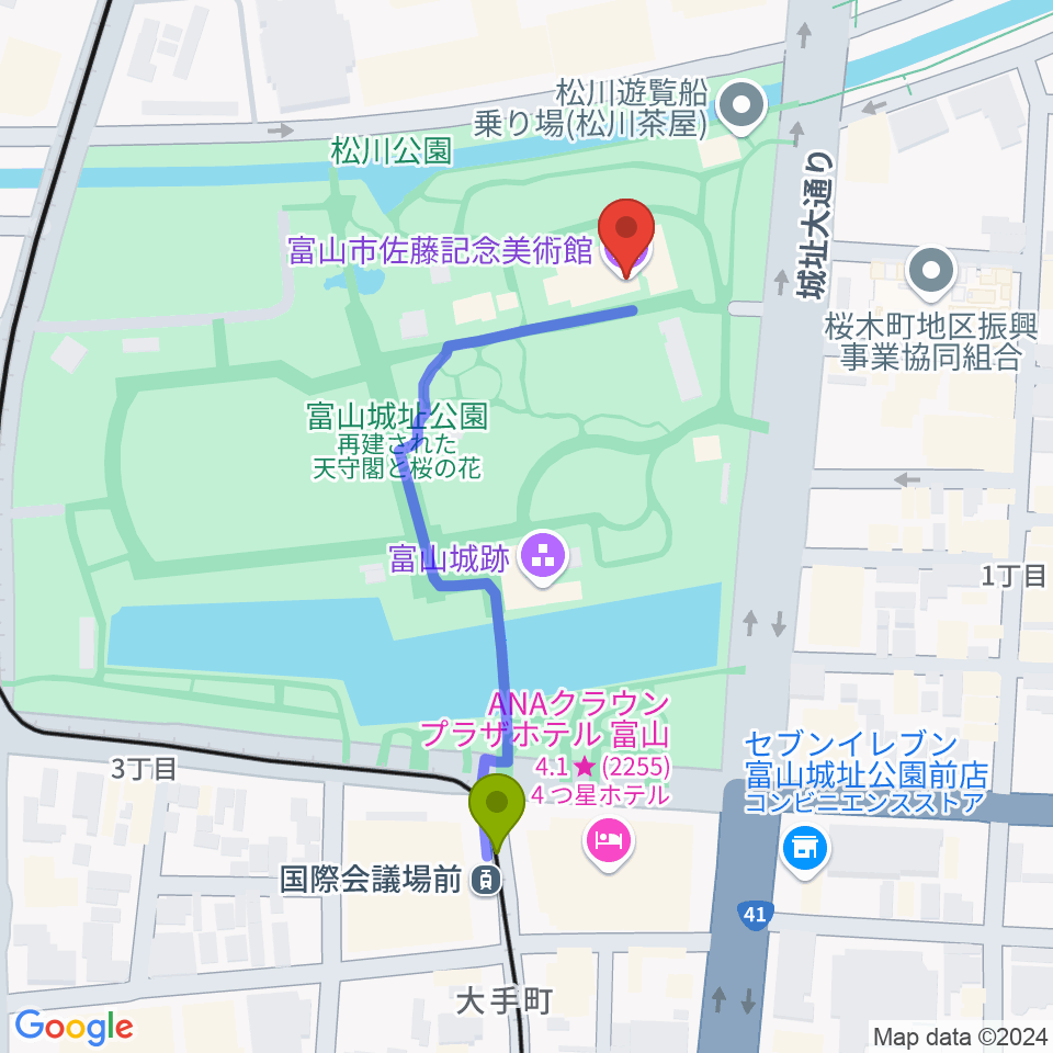 富山市佐藤記念美術館の最寄駅国際会議場前駅からの徒歩ルート（約4分）地図