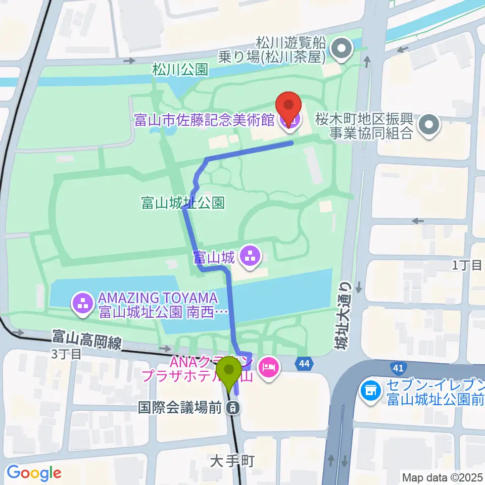 富山市佐藤記念美術館の最寄駅国際会議場前駅からの徒歩ルート（約4分）地図