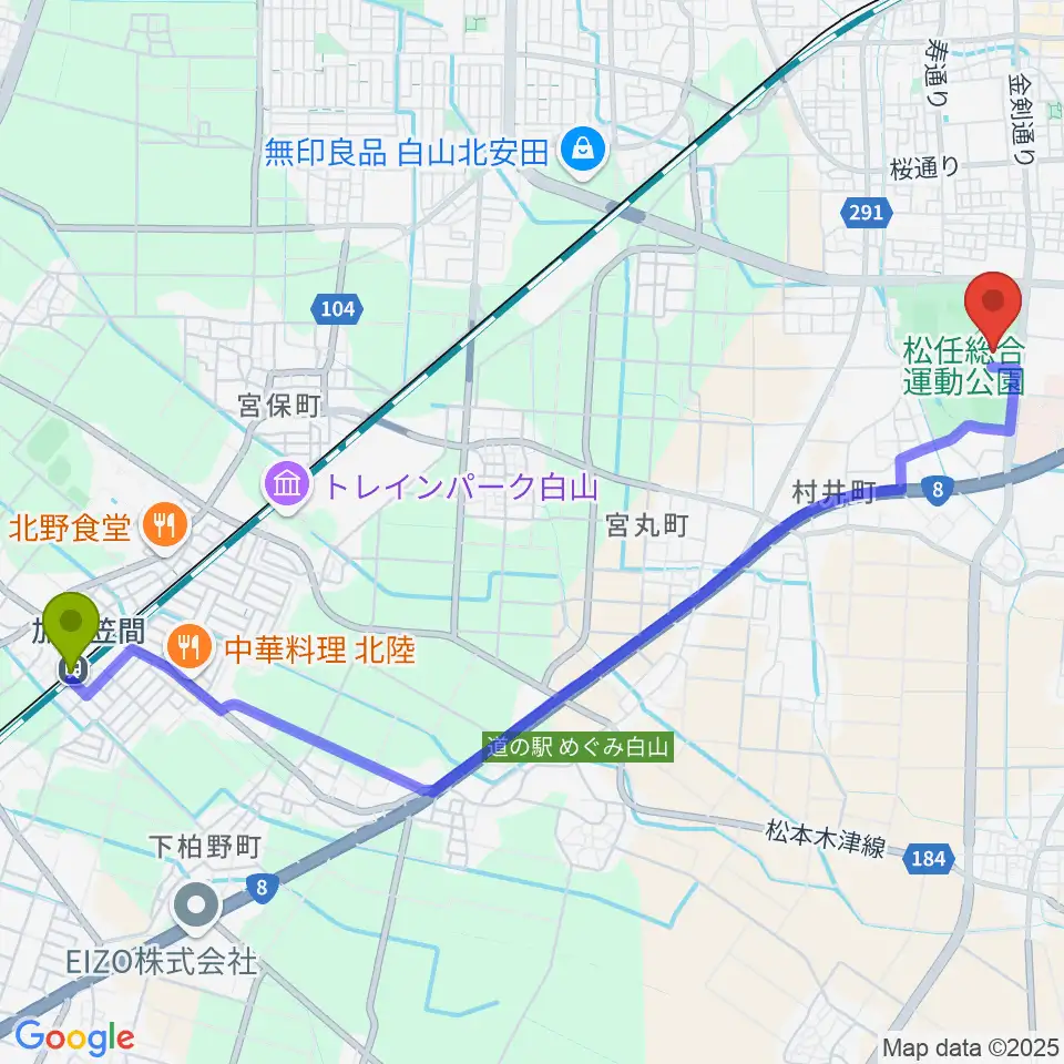 加賀笠間駅から松任総合運動公園水泳プールへのルートマップ地図