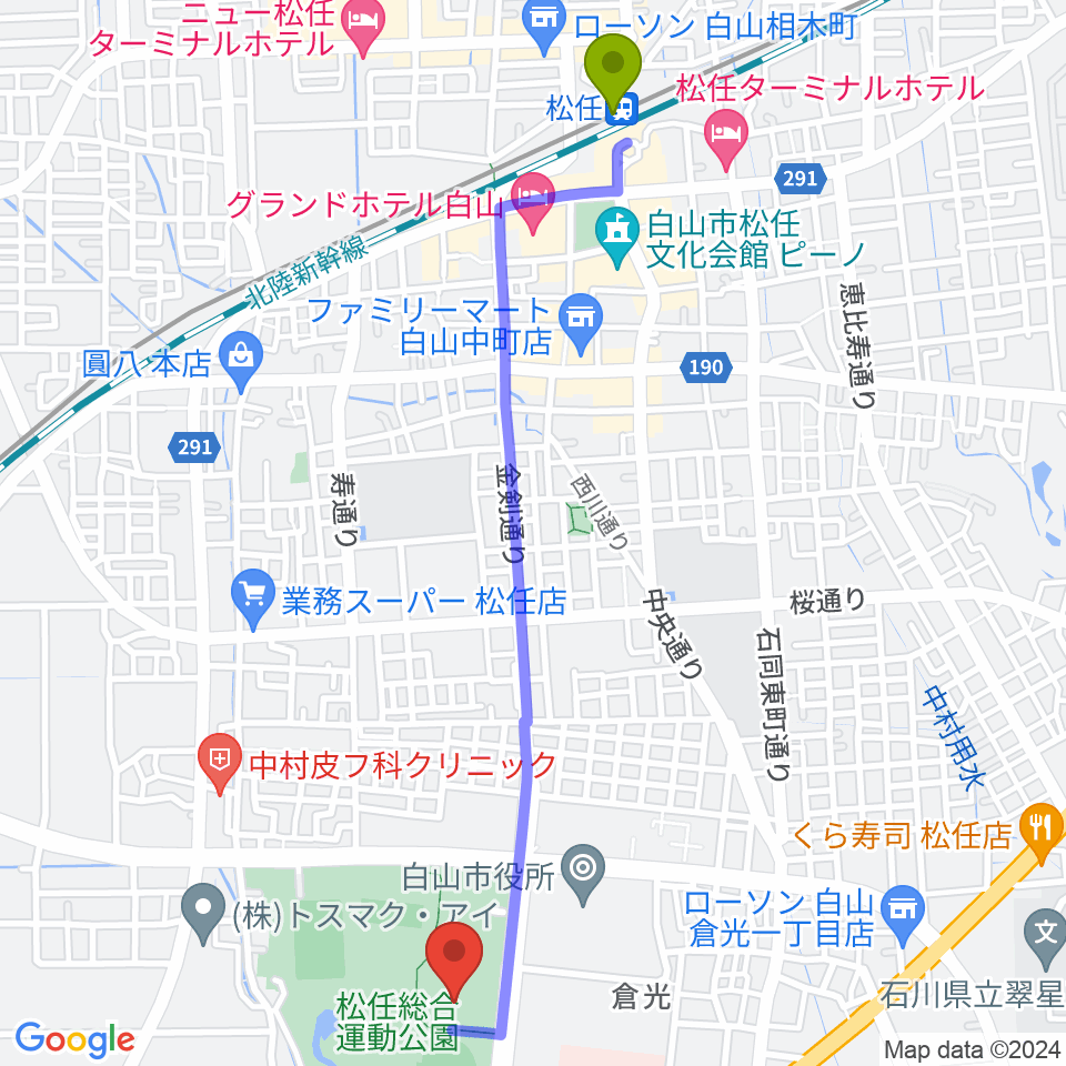 松任総合運動公園水泳プールの最寄駅松任駅からの徒歩ルート（約26分）地図