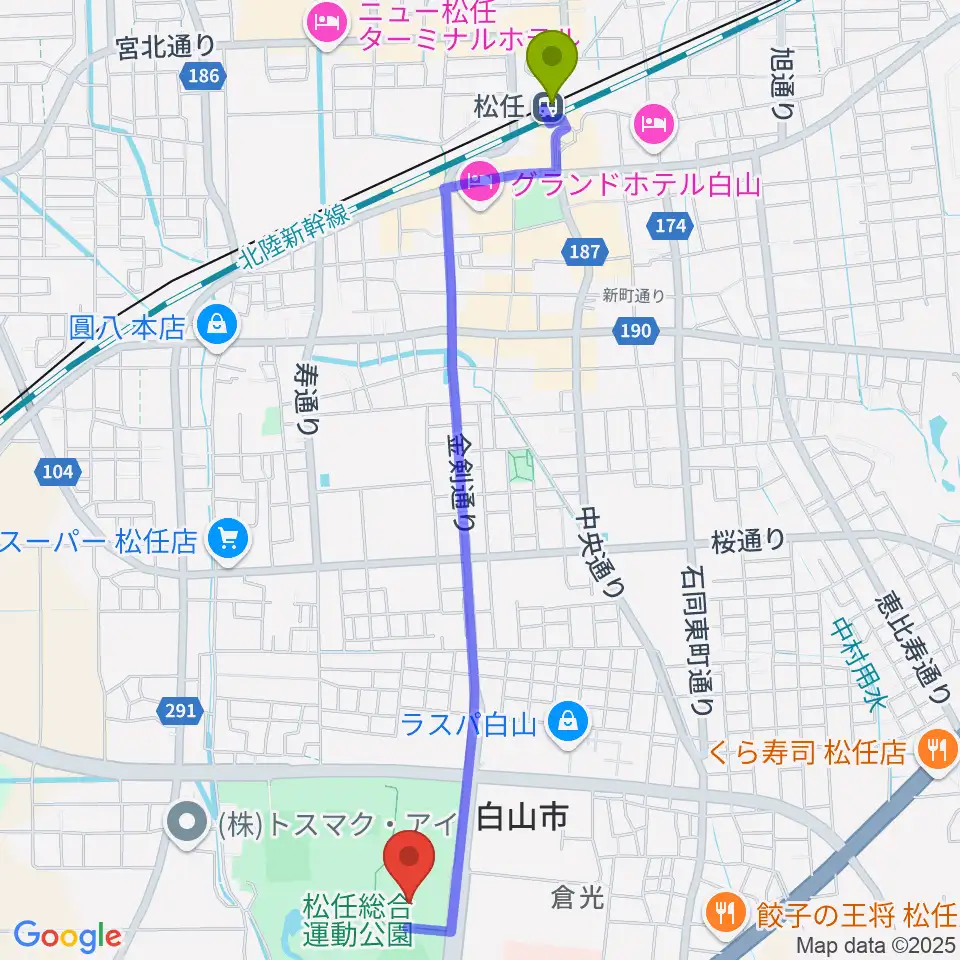 松任総合運動公園水泳プールの最寄駅松任駅からの徒歩ルート（約26分）地図