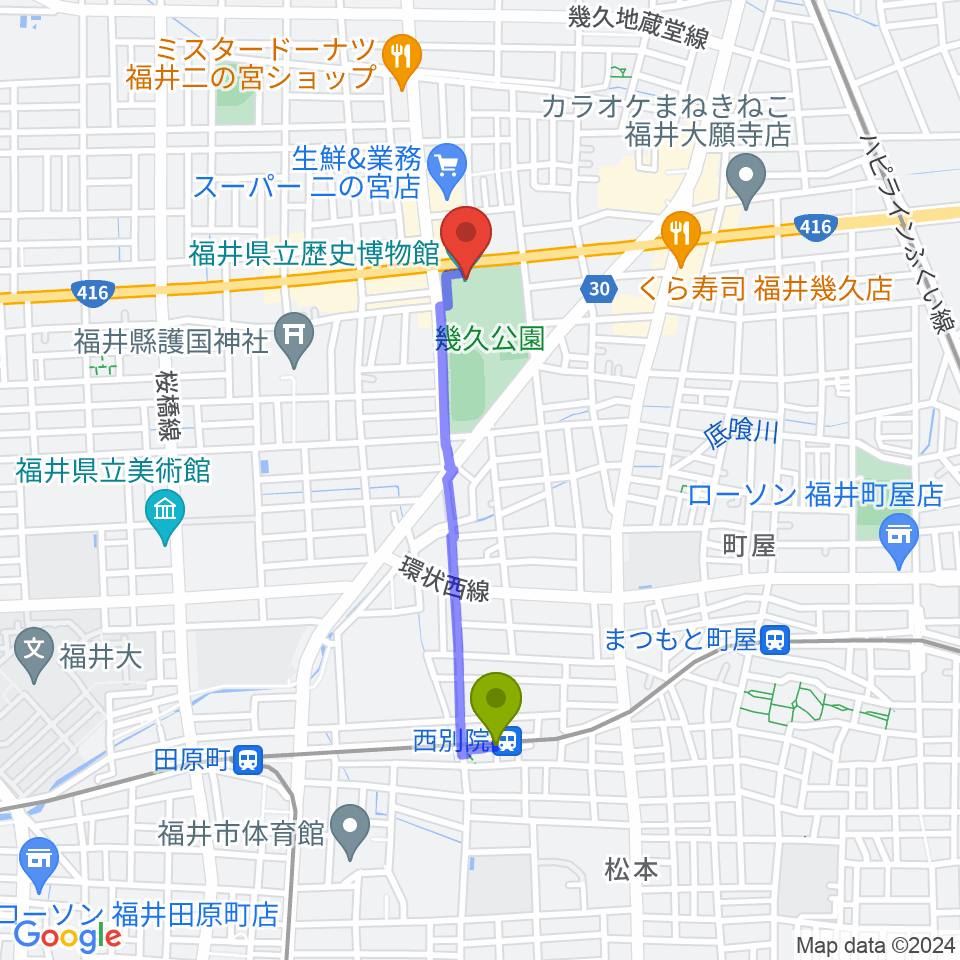 福井県立歴史博物館の最寄駅西別院駅からの徒歩ルート（約15分）地図