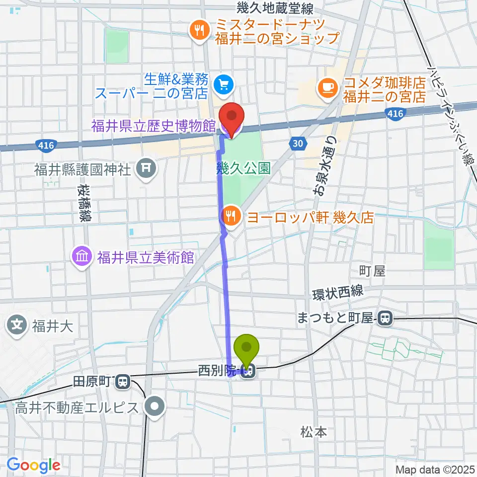 福井県立歴史博物館の最寄駅西別院駅からの徒歩ルート（約15分）地図