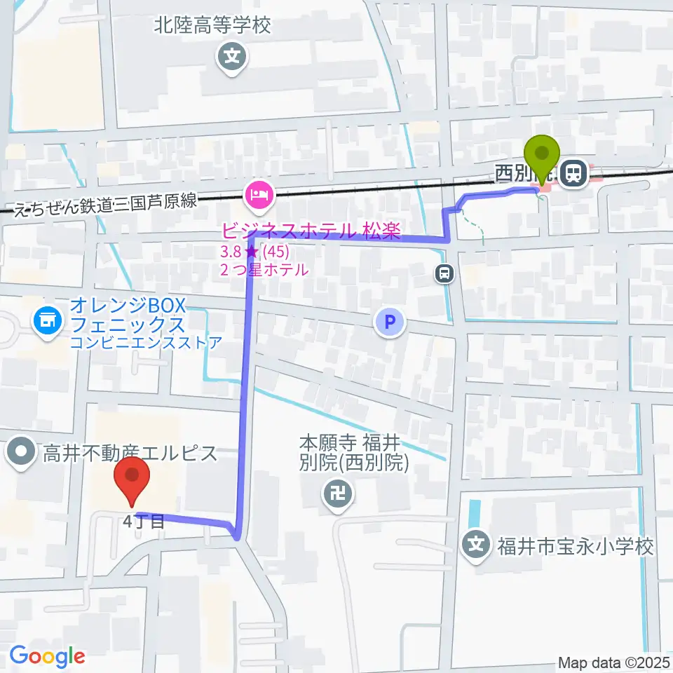 西別院駅から福井市体育館へのルートマップ地図